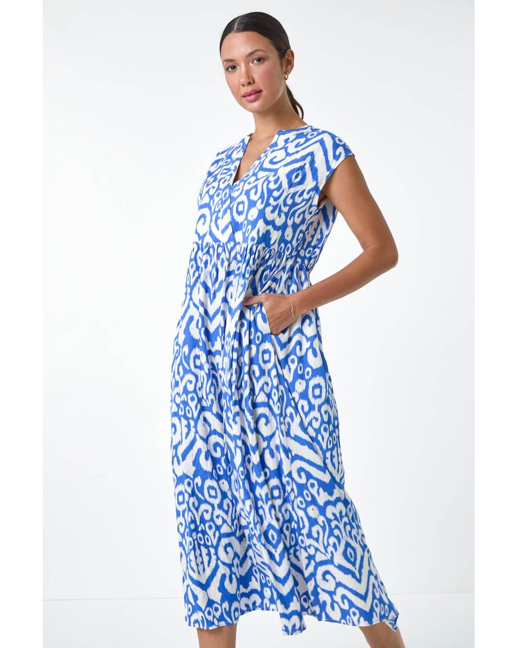 blue and black or yellow and gold dress Aztec Print Tiered Slit Neck Dress – Peacocks & Pearls Lexington