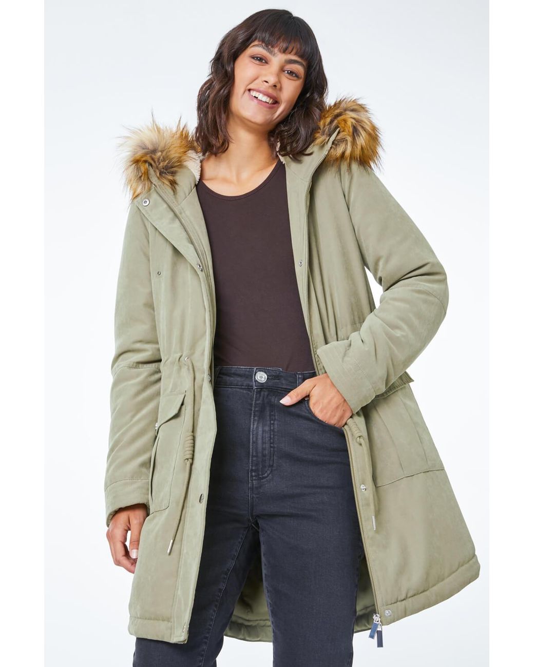 Roman Brown Faux Fur Trim Padded Parka Coat
