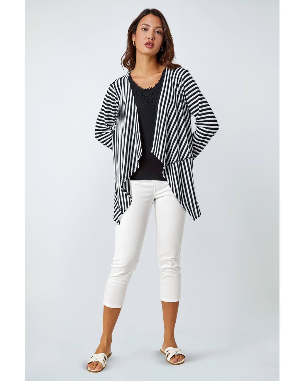 Roman Black Stripe Cardigan & Lace Vest Stretch Top