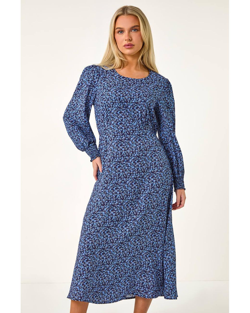 Roman Petite Blue Print Shirred Cuff Midi Dress