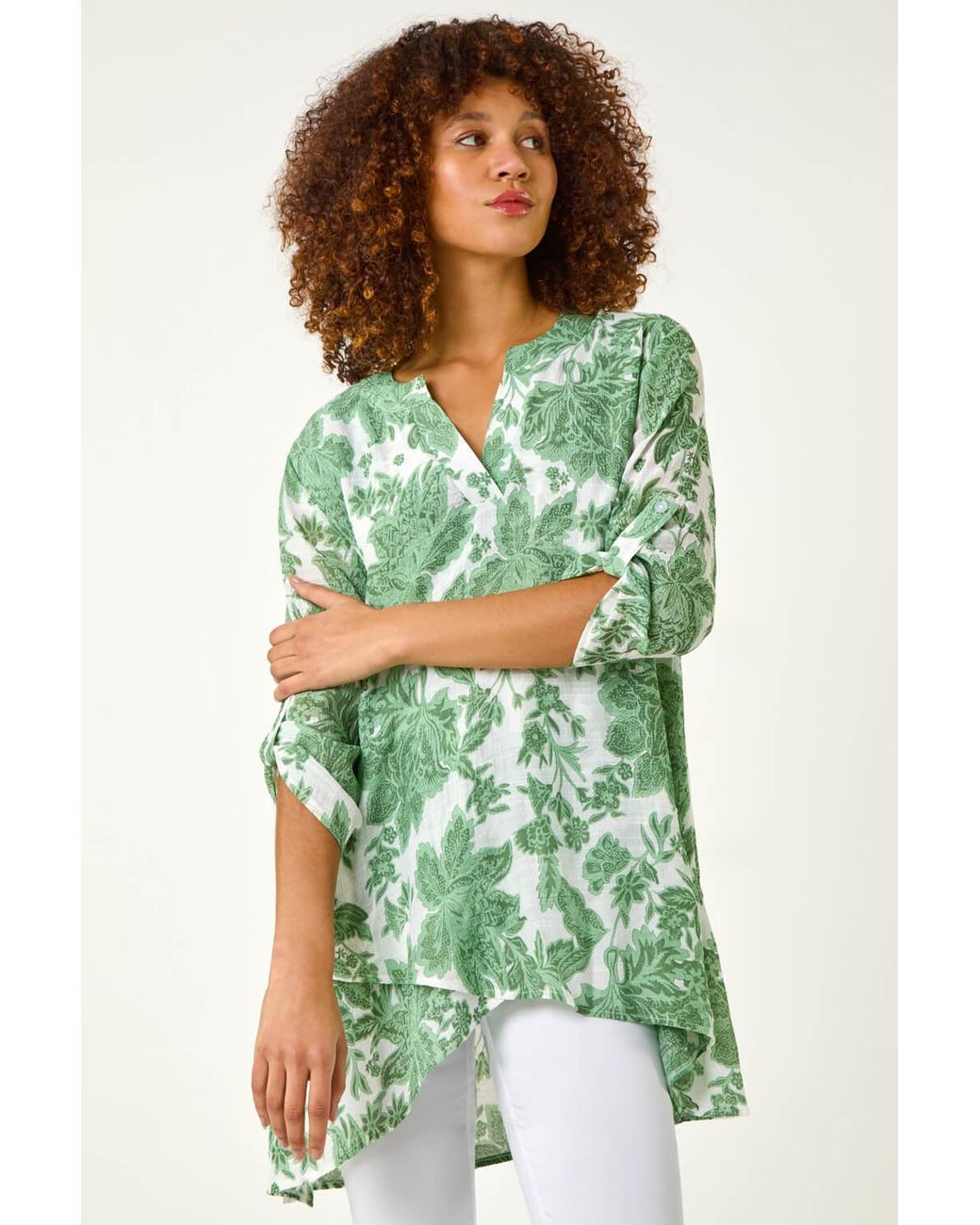 Roman Green Floral Print Wrap Hem Tunic Top