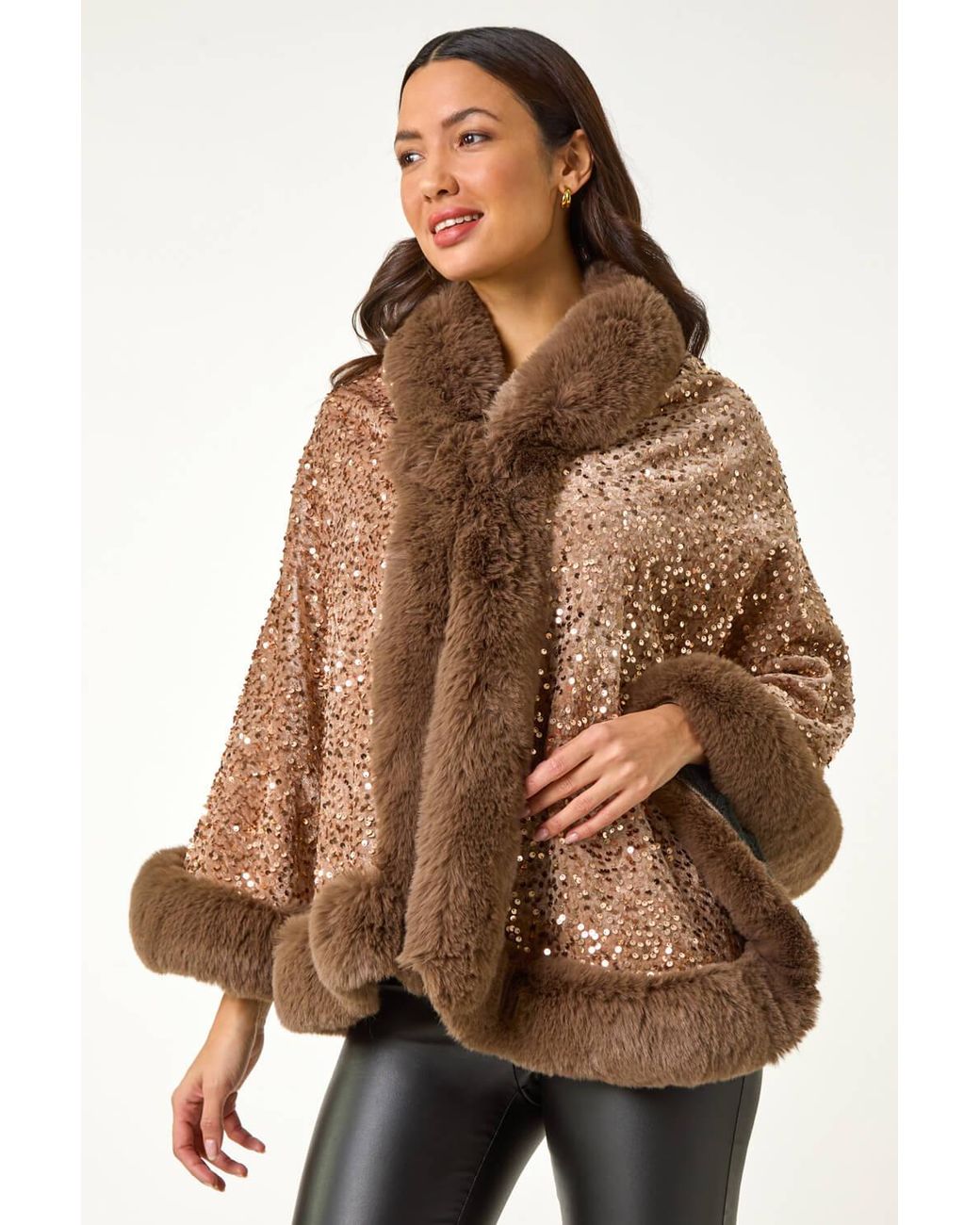 Roman Natural Embellished Faux Fur Trim Cape