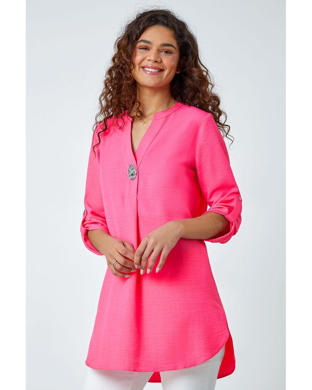 Roman Pink Button Detail V-Neck Longline Tunic Blouse