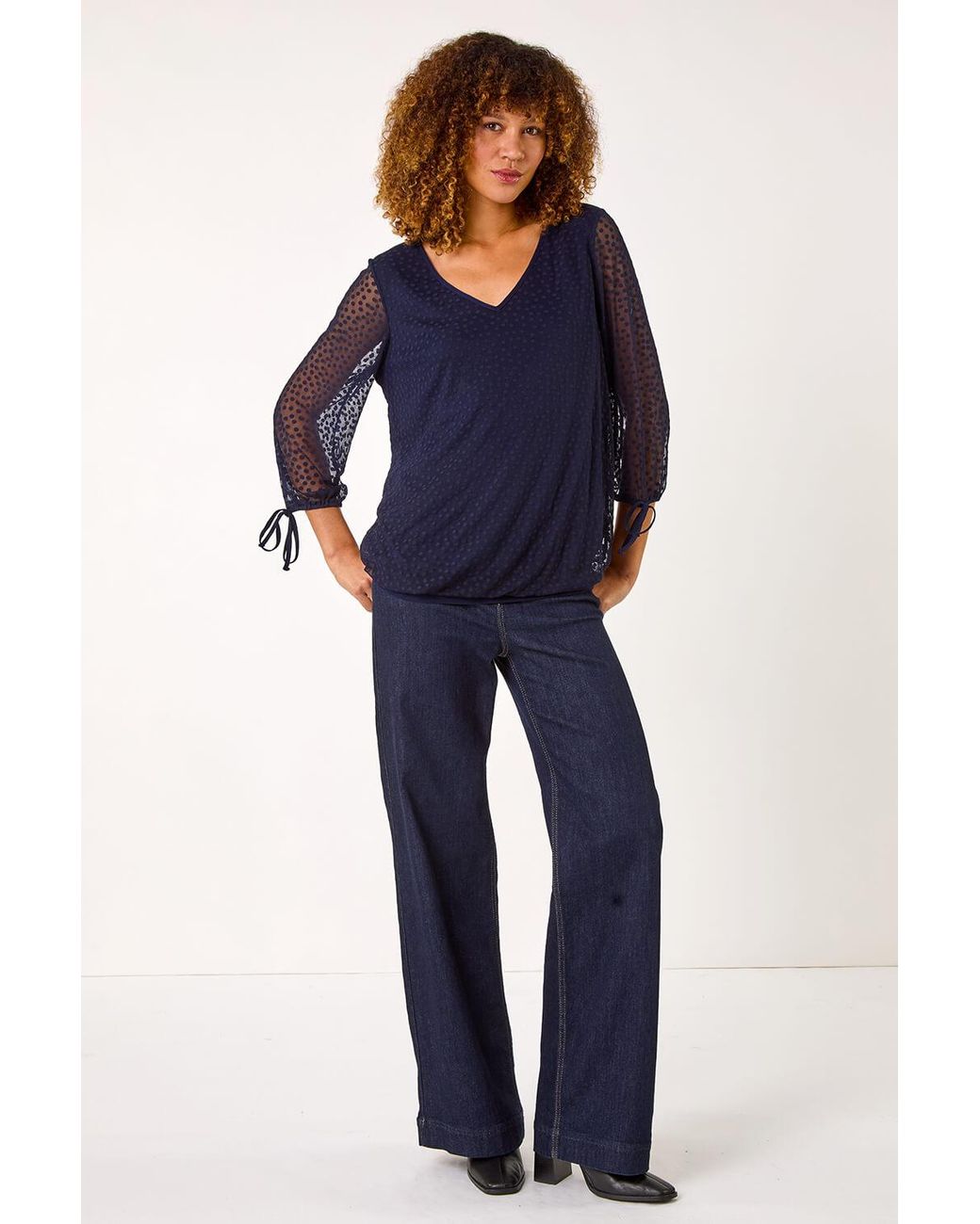Roman Blue Burnout Print V-Neck Overlay Mesh Top