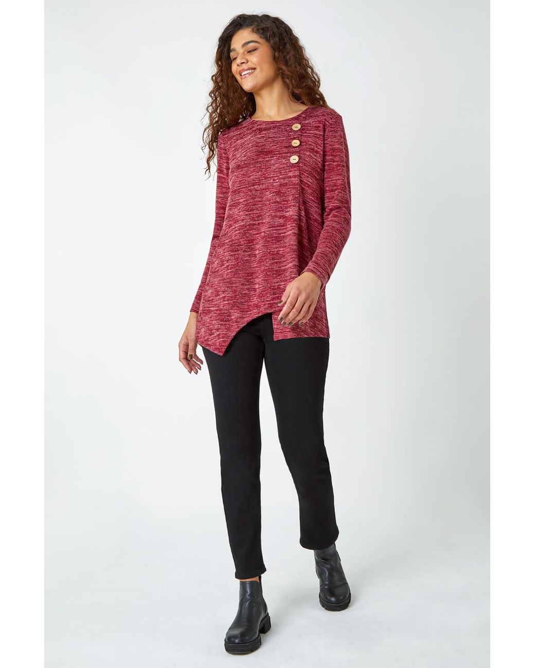 Roman Red Button Stretch Knit Asymmetric Tunic Top