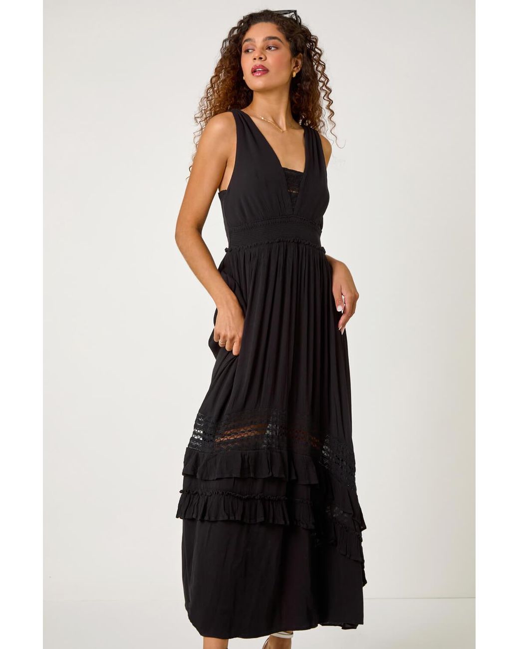 Roman White Lace Detail Shirred Frill Maxi Dress