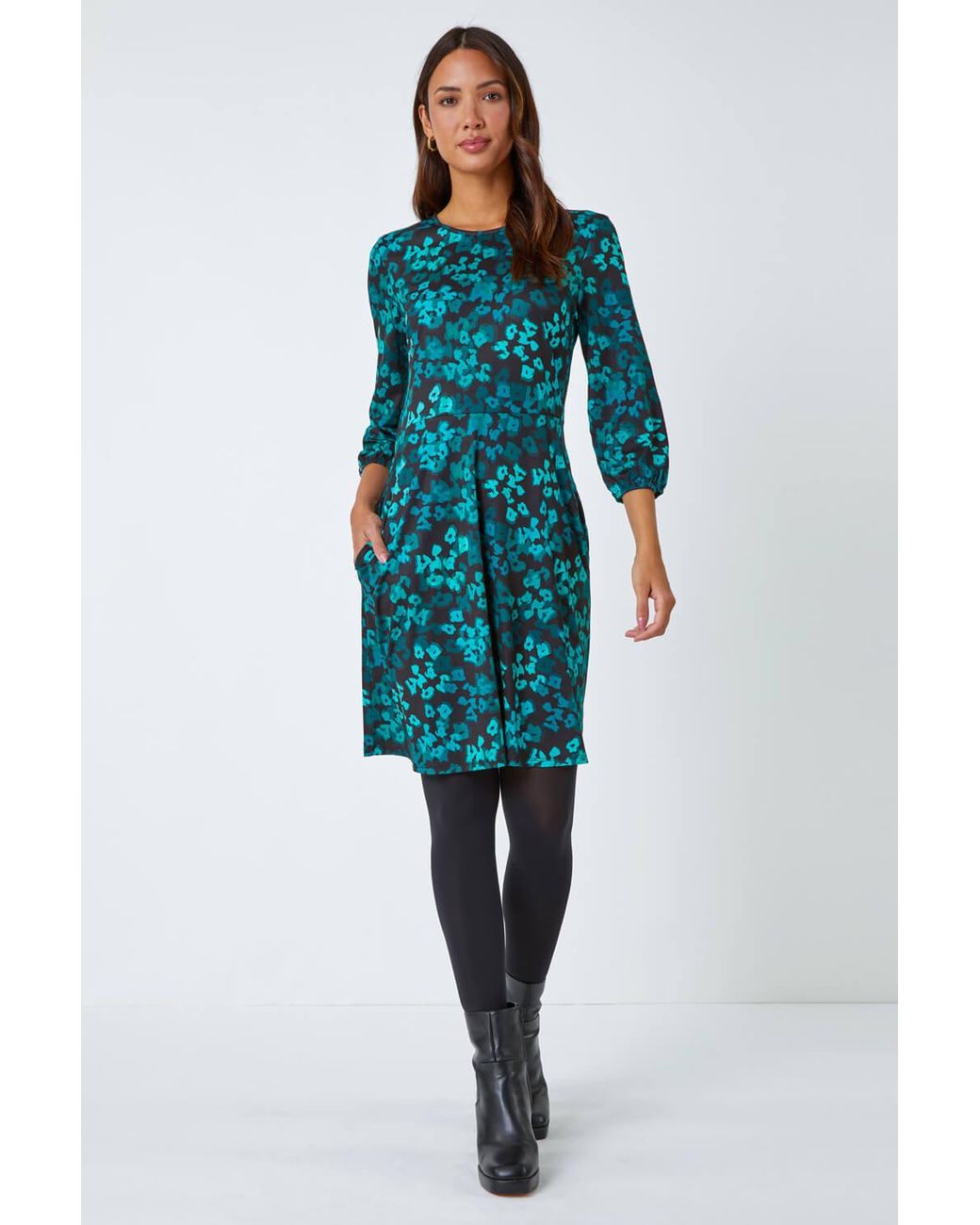 Roman Blue Animal Print Pocket Stretch Dress