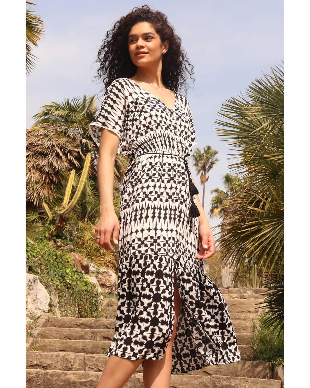 Roman White Aztec Button Down Midi Dress