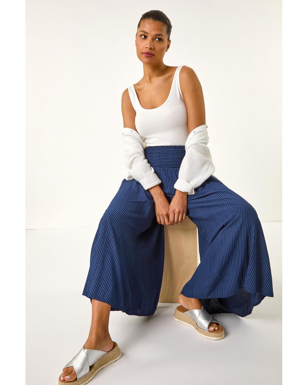 Roman Blue Fine Stripe Wide Culotte Trousers