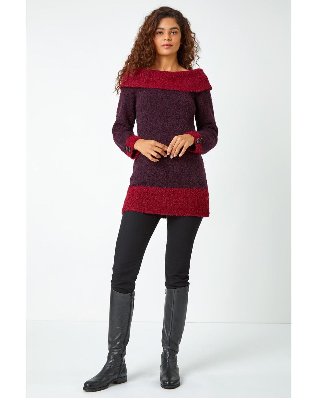 Roman Textured Button Detail Longline Bardot Jumper