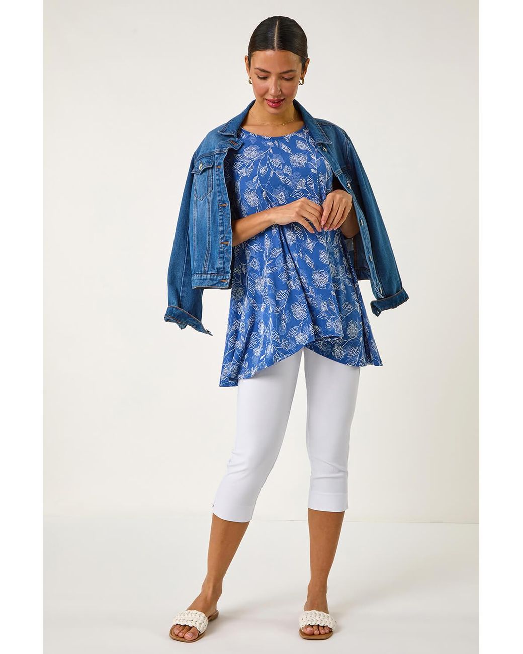 Roman Blue Textured Floral Print Tunic Top