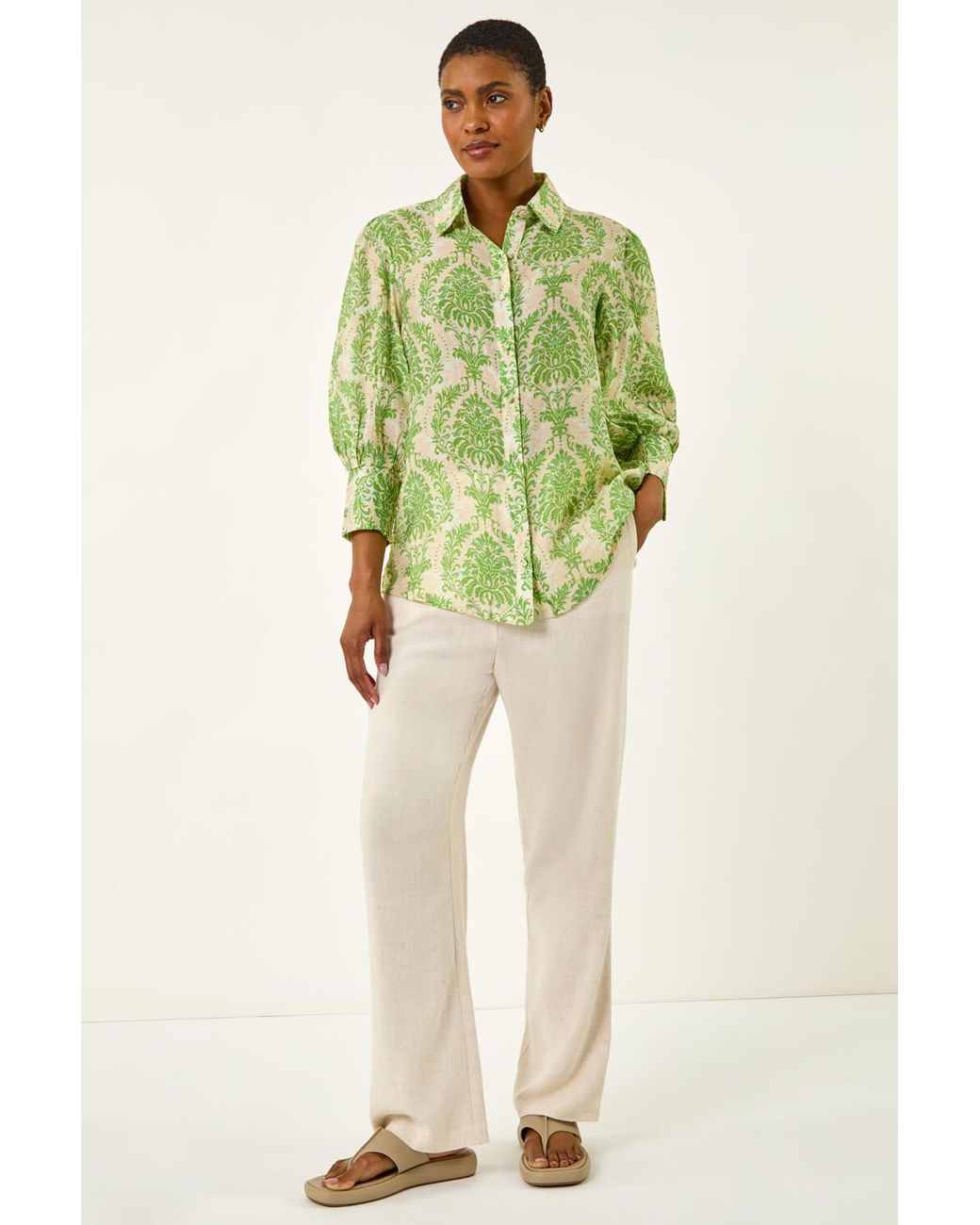 Roman Green Floral Print Collared Shirt