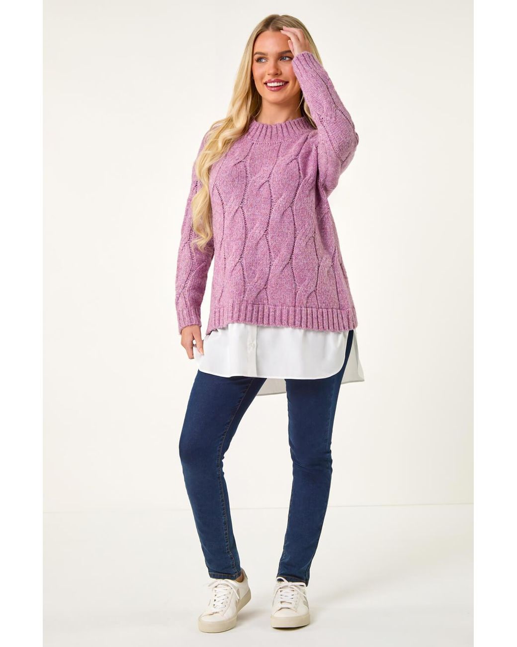 Roman Petite Pink Cable Knit Mock Shirt Jumper