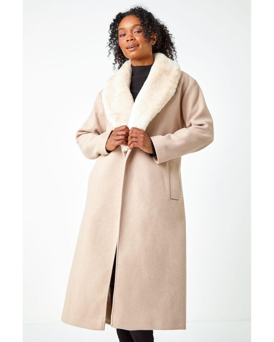 Roman Petite Natural Faux Fur Collar Longline Coat