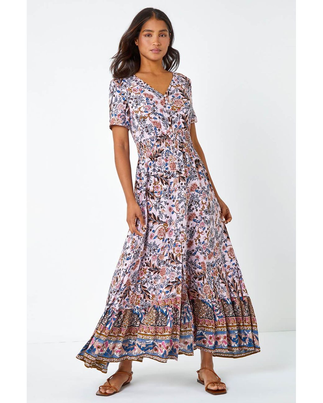 Roman White Floral Border Shirred Waist Maxi Dress