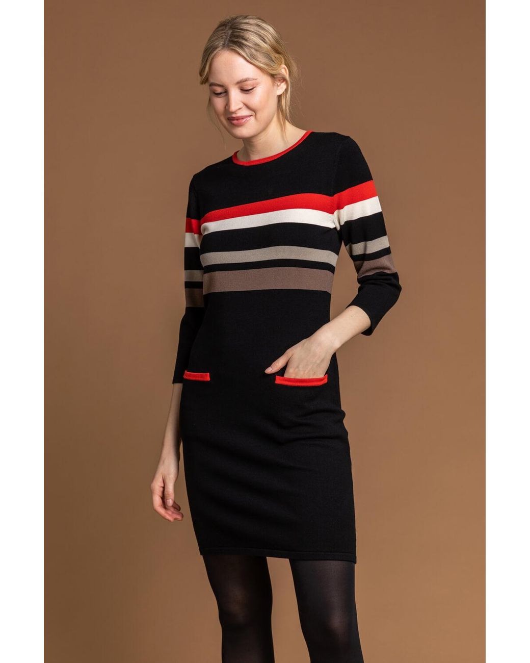 Roman Black Longline Contrast Stripe Print Jumper Dress