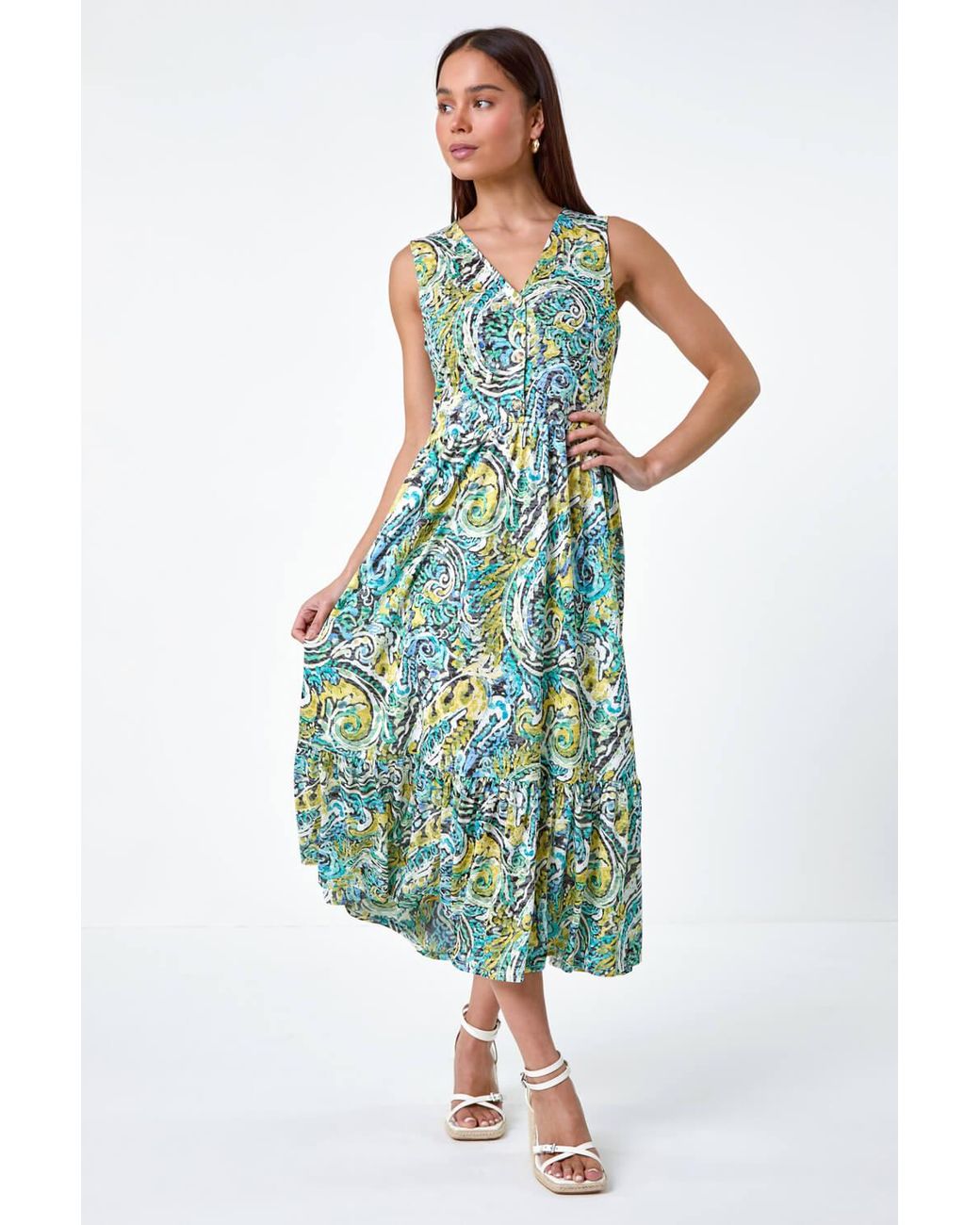 Roman Petite Green Paisley Tiered Midi Dress