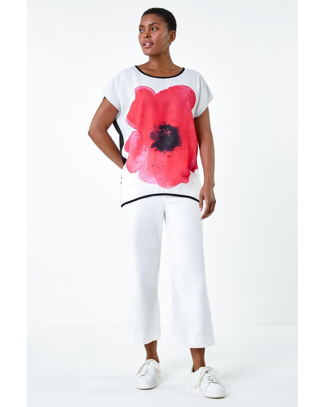 Roman Red Floral Embellished Longline Stretch Top