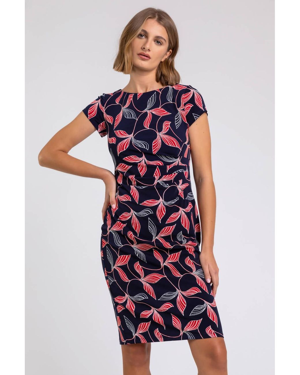 Roman Blue Floral Print Stretch Ruched Dress