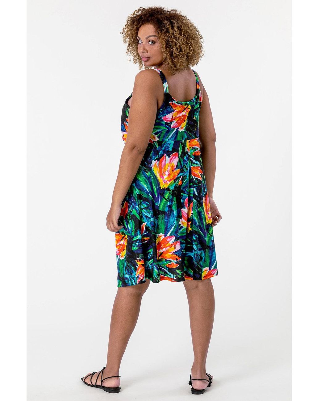 Roman Curve Orange Tropical Print Strappy Dress