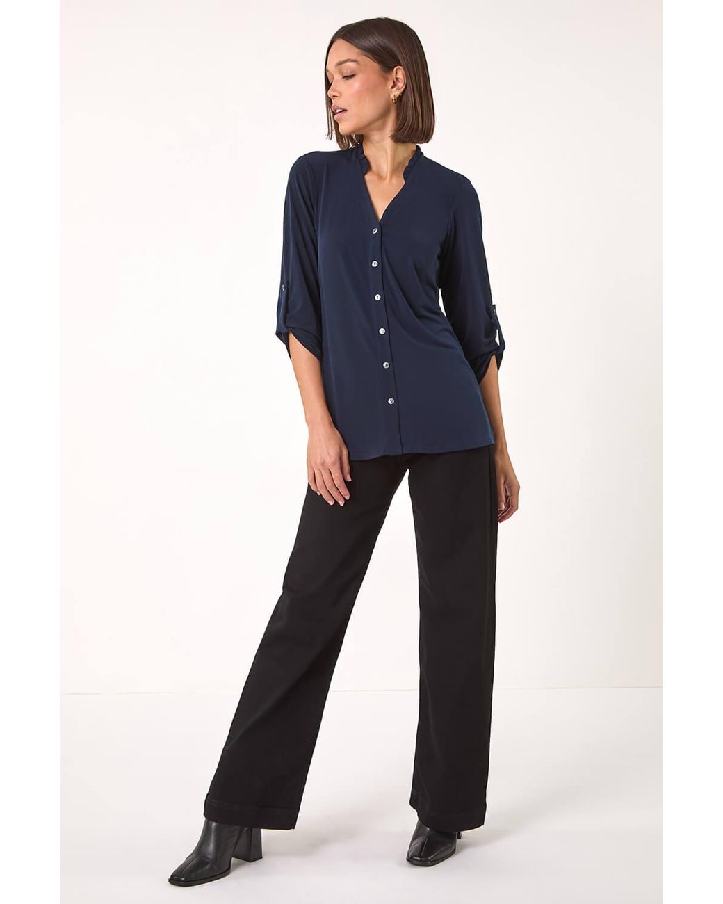 Roman Blue Button Through V-Neck Stretch Blouse