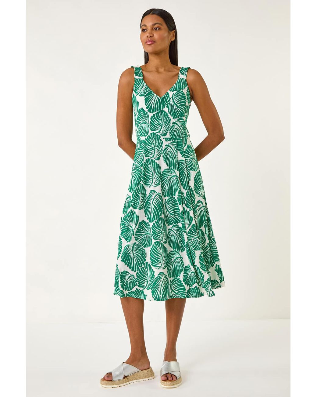 Roman Green Leaf Print V-Neck Stretch Midi Dress