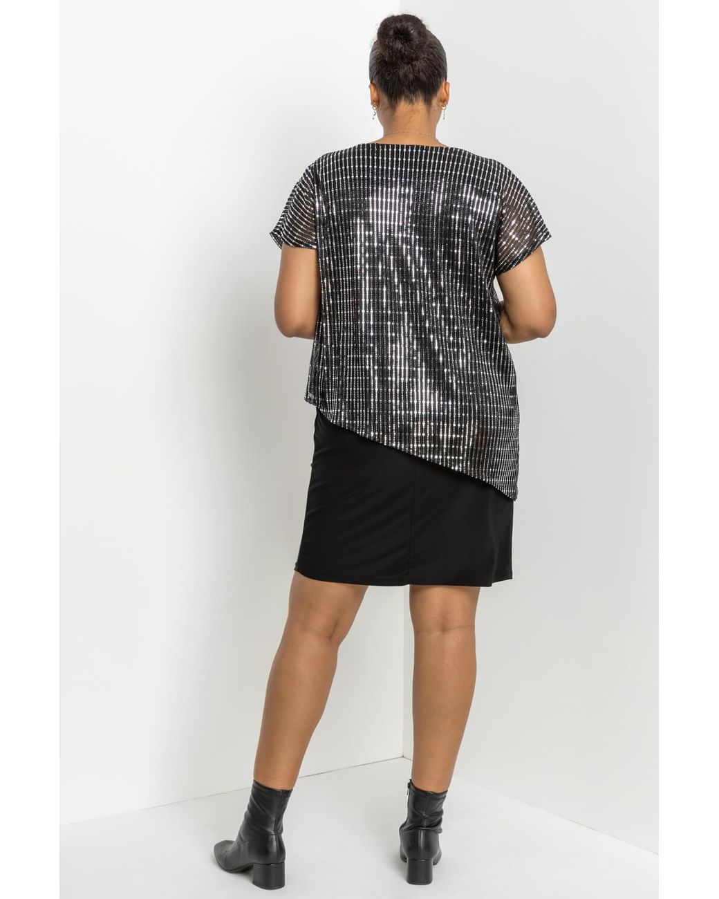 Roman Curve Metallic Asymmetric Shimmer Overlay Dress
