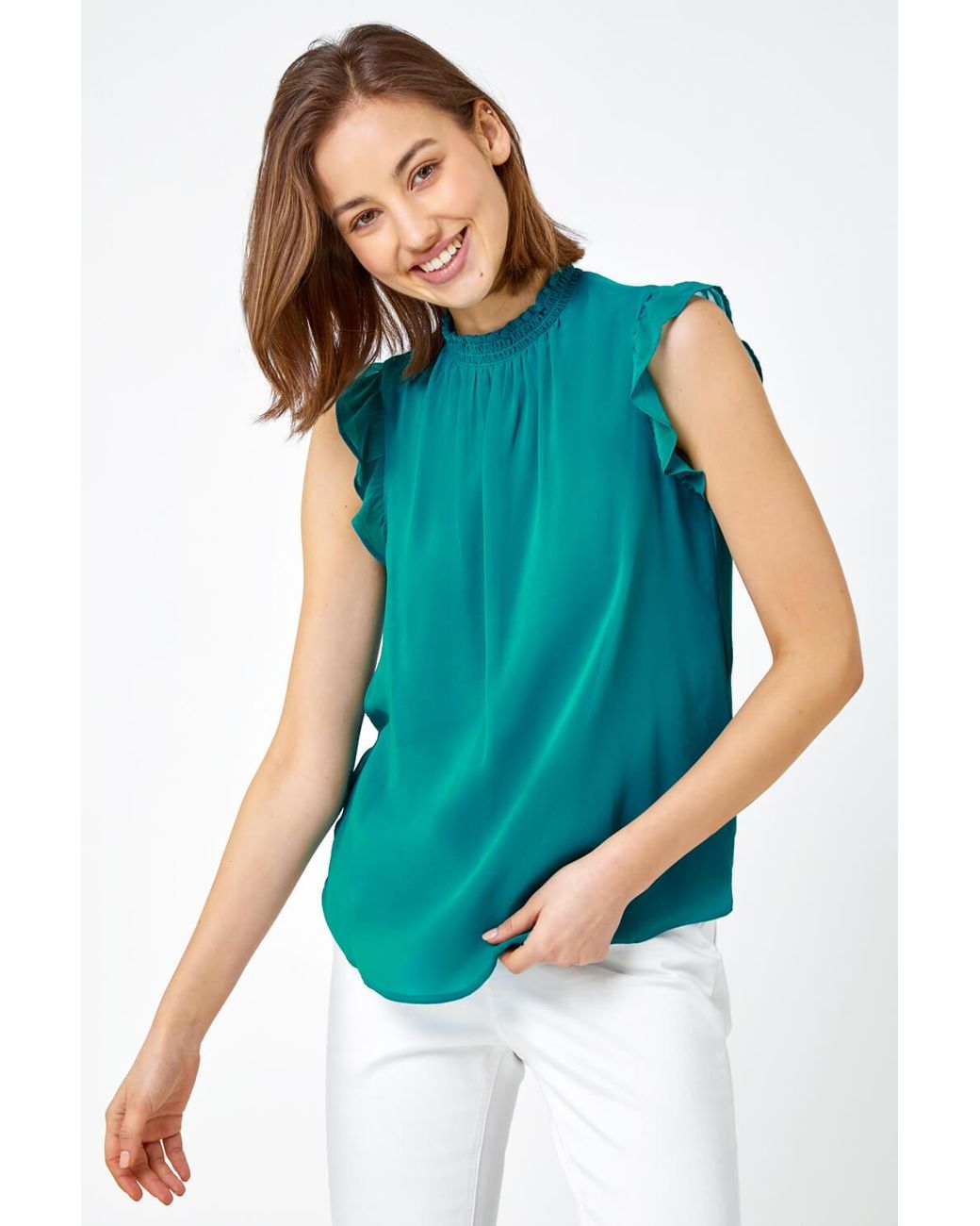 Roman Blue Sleeveless High Neck Frill Top