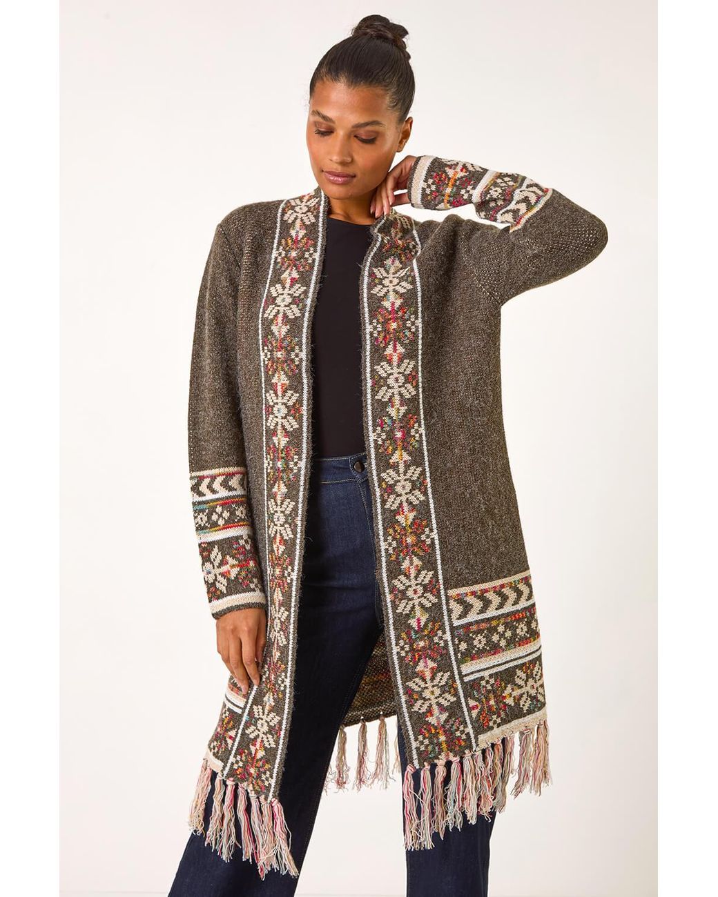 Roman Blue Nordic Pattern Fringe Hem Cardigan
