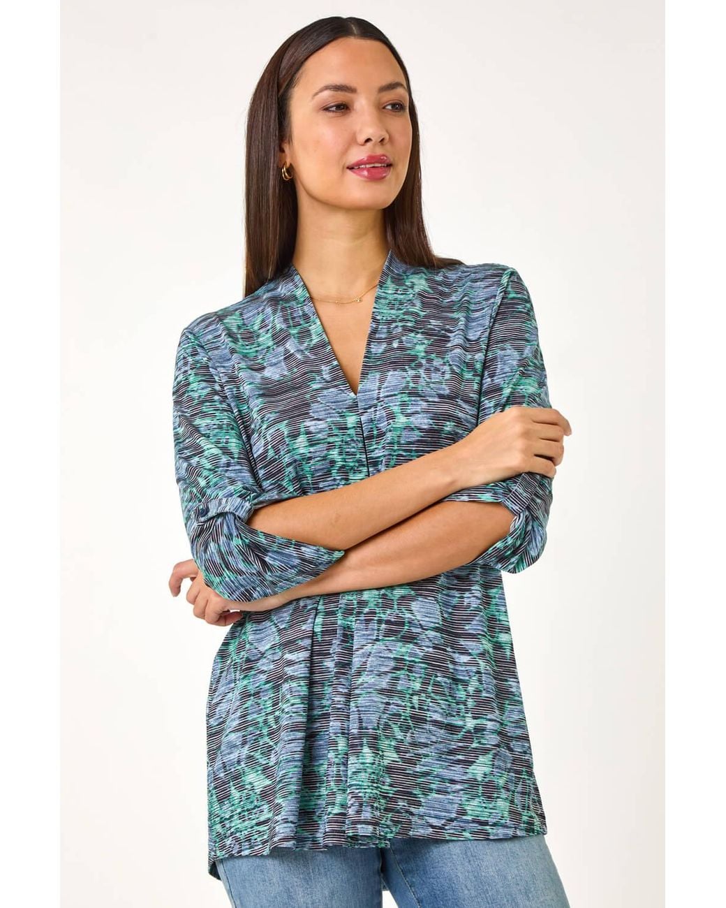 Roman Blue V-Neck Pleat Front Jersey Top