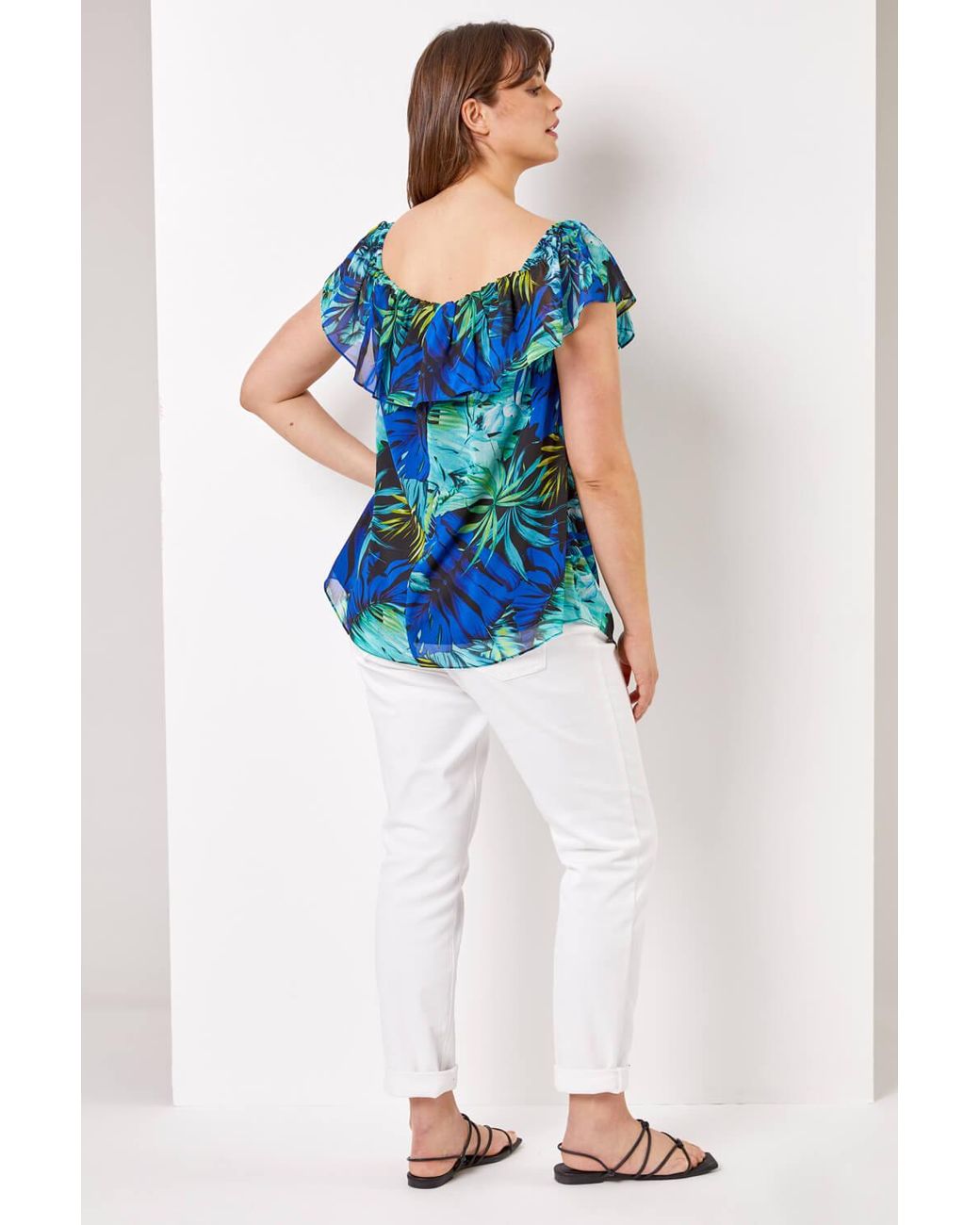 Roman Curve Blue Tropical Print Chiffon Bardot Top