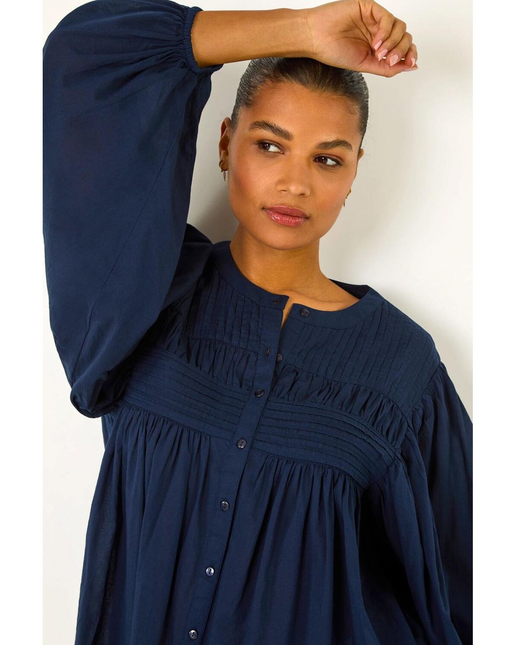 Roman Blue Pleat Detail Button Through Blouse