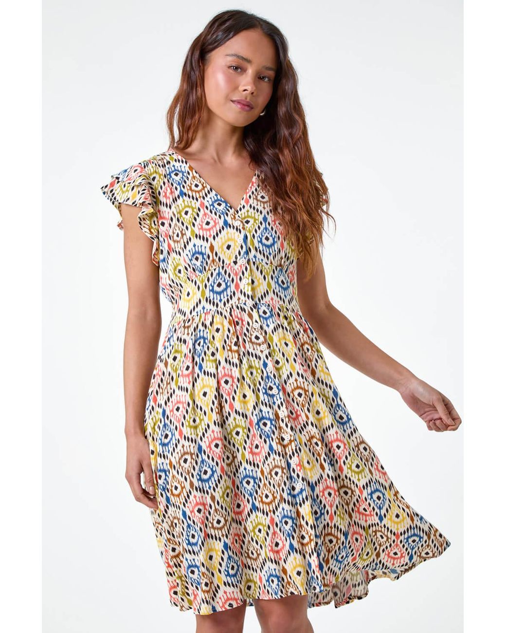 Roman Petite Multicolor Aztec Print Frill Pocket Dress
