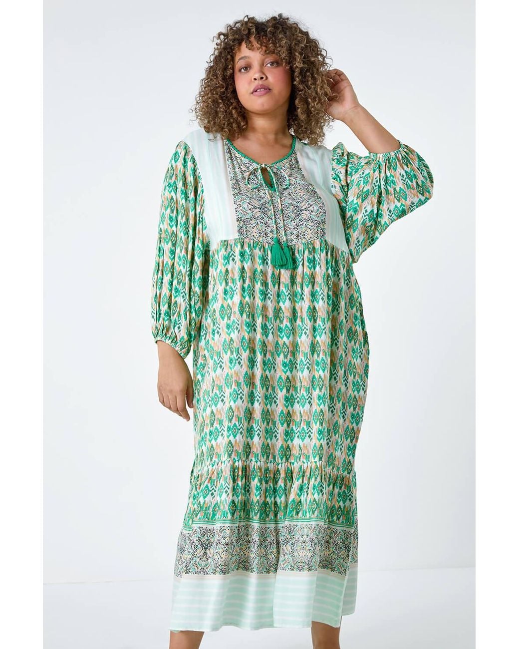 Roman Curve Green Boho Print Tiered Midi Dress