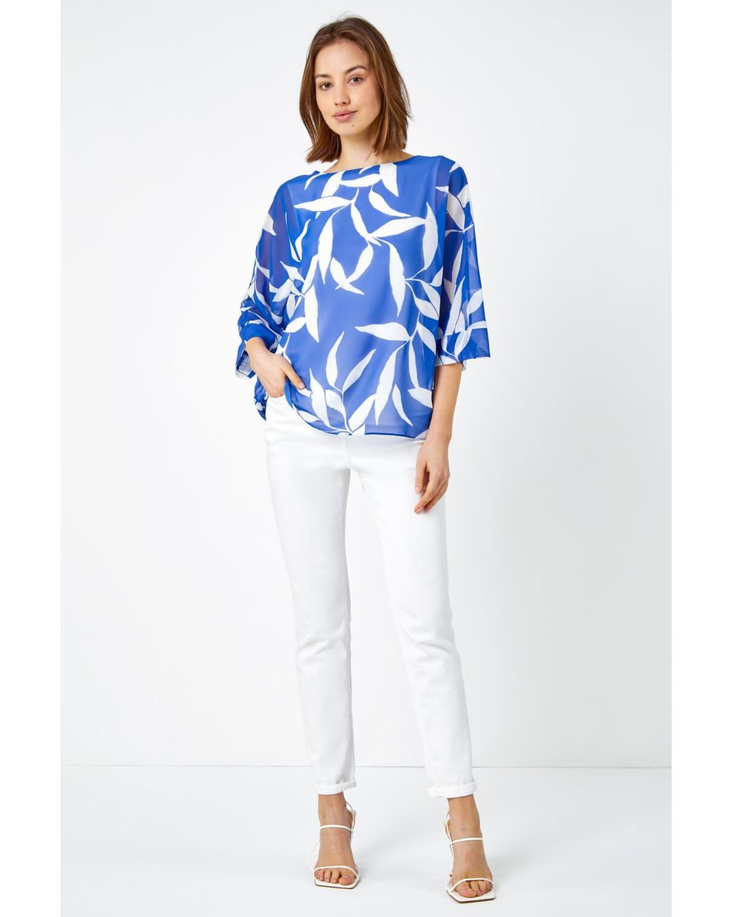 Roman Blue Leaf Print Chiffon Overlay Top