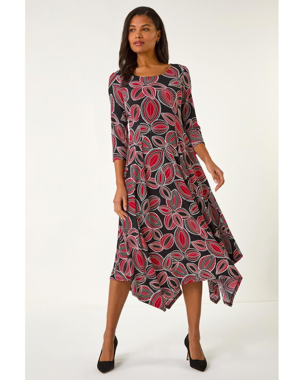 Roman Red Leaf Print Hanky Hem Stretch Midi Dress