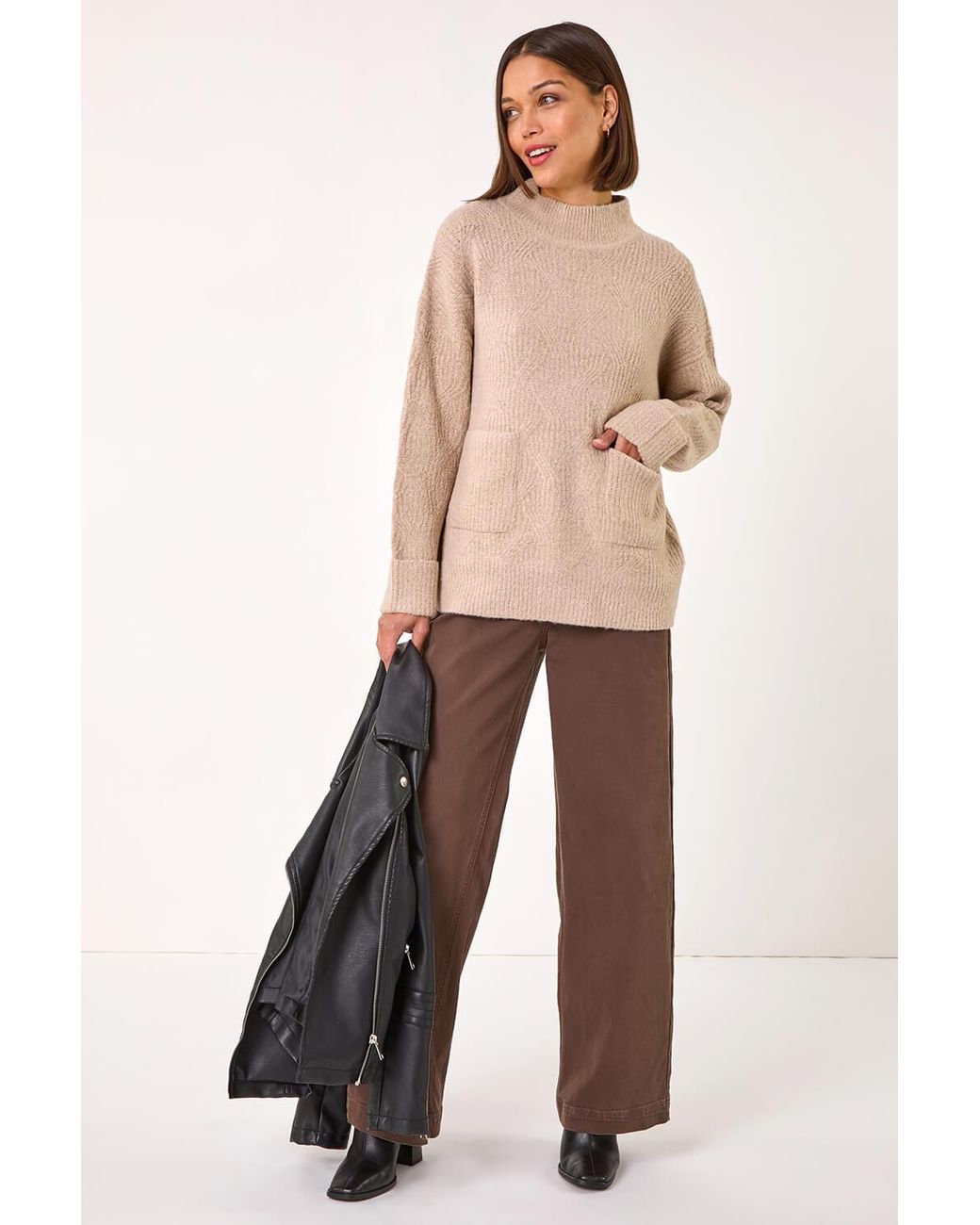Roman Natural Cable Knit High Neck Jumper