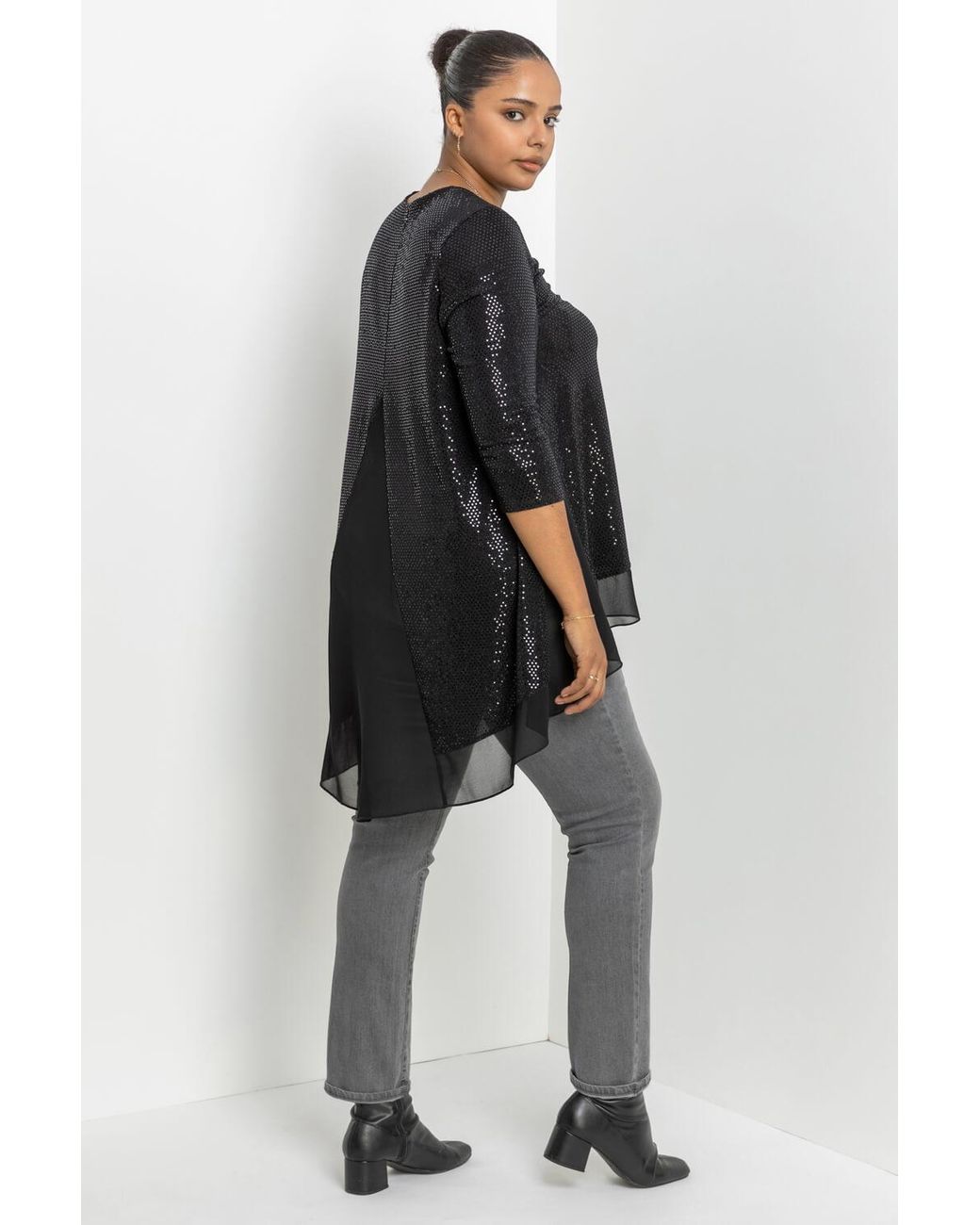 Roman Curve Black Shimmer Chiffon Hem High Low Top