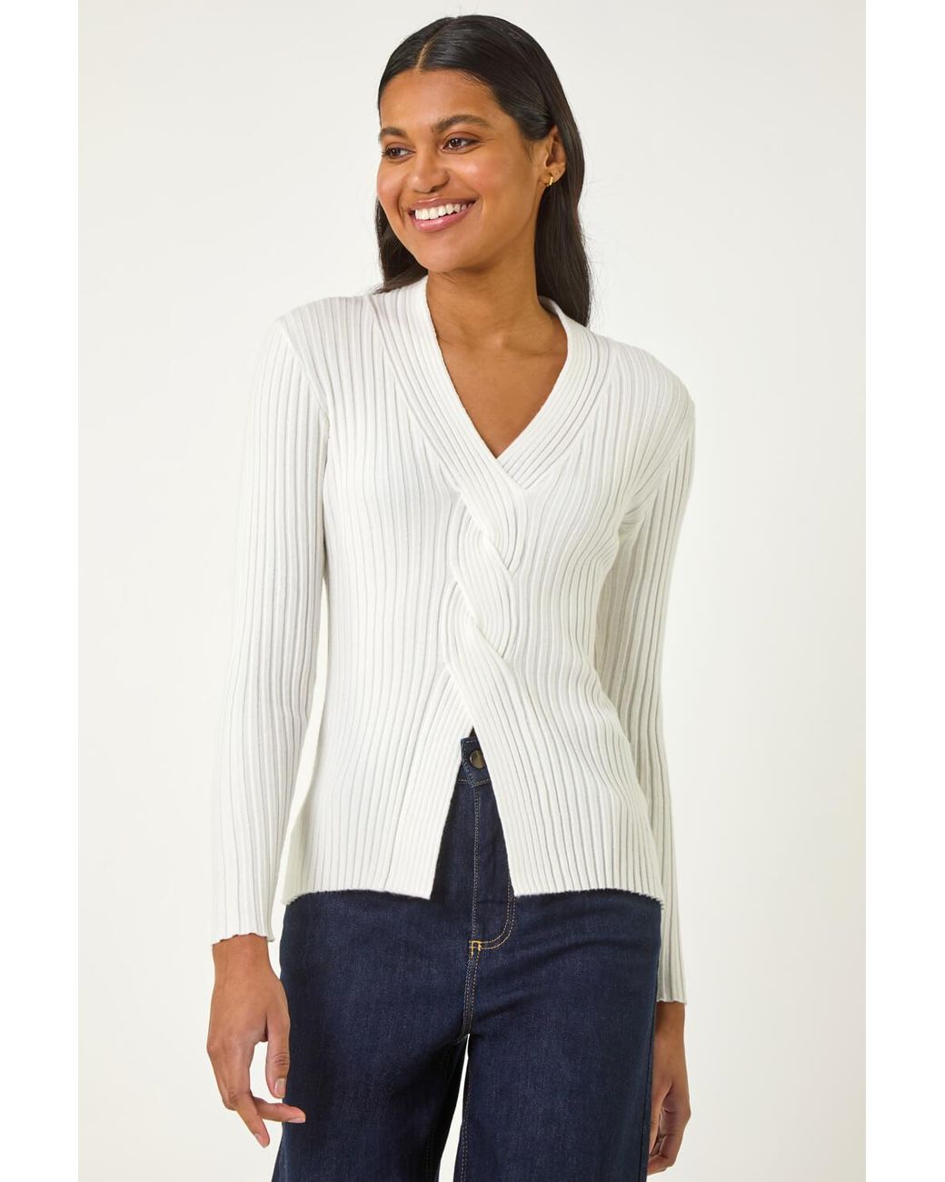 Roman White Cable Split Detail Rib Jumper
