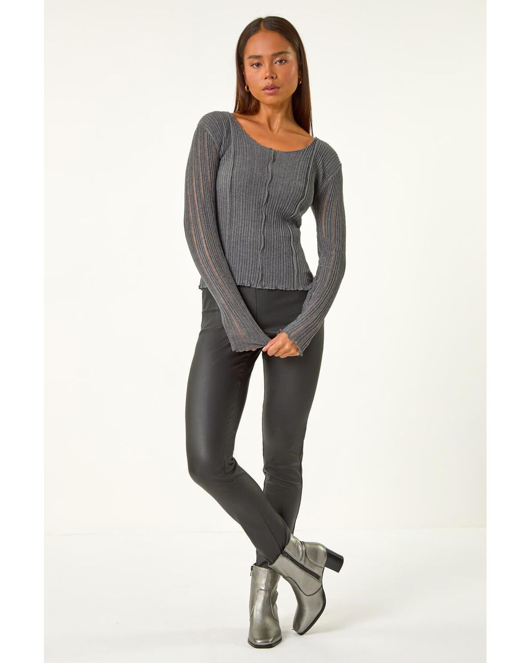 Roman Petite Gray Pointelle Sleeve Jumper