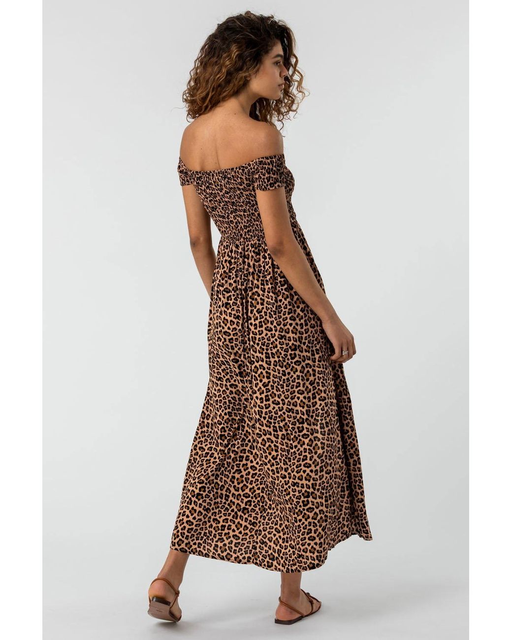 Roman Brown Shirred Leopard Print Bardot Dress