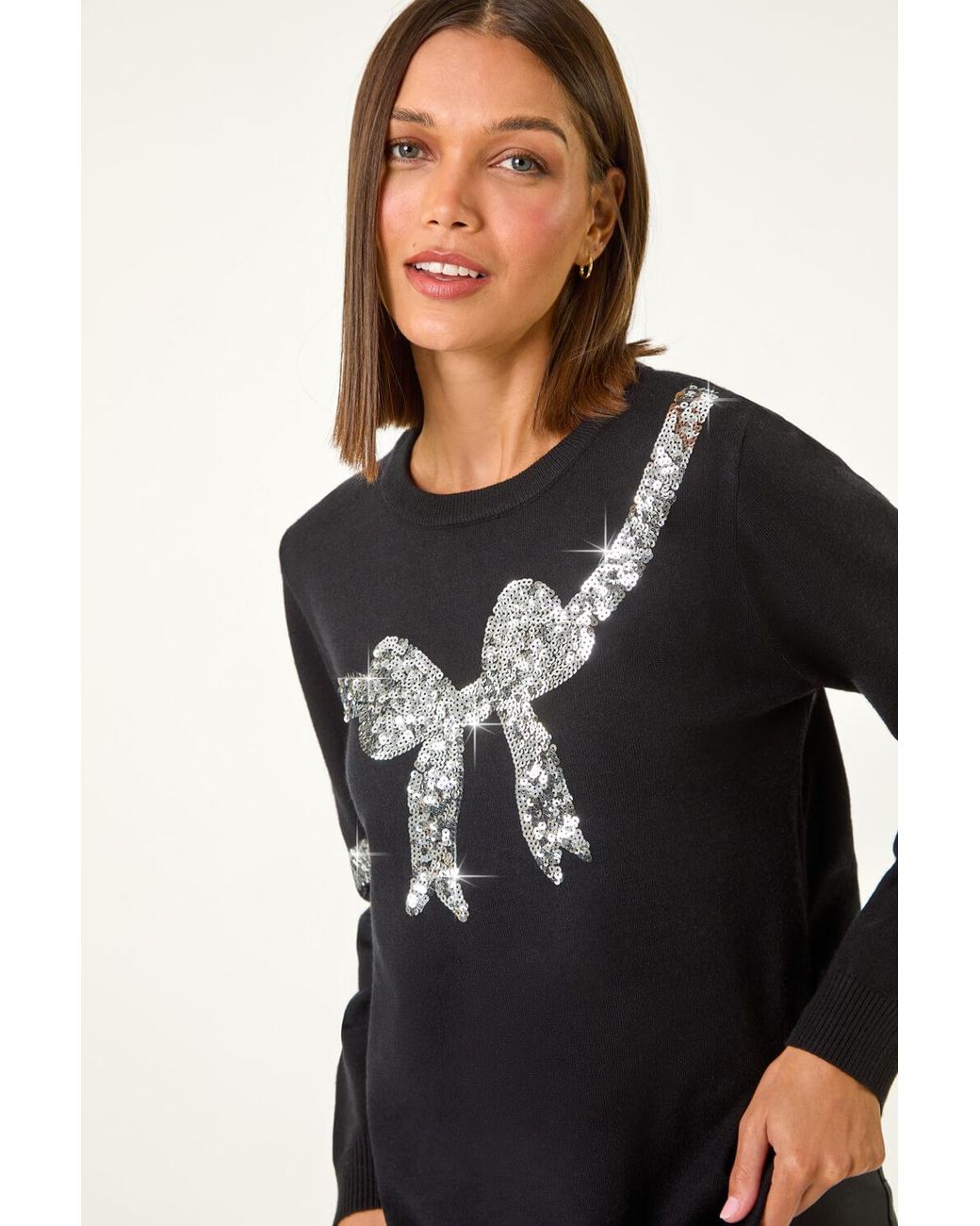 Roman Black Bow Sequin Detail Knit Jumper