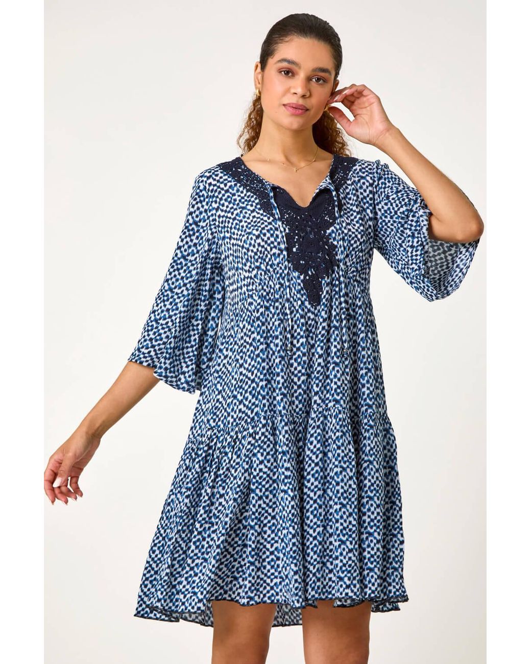 Roman Blue Spot Print Lace Detail Smock Dress