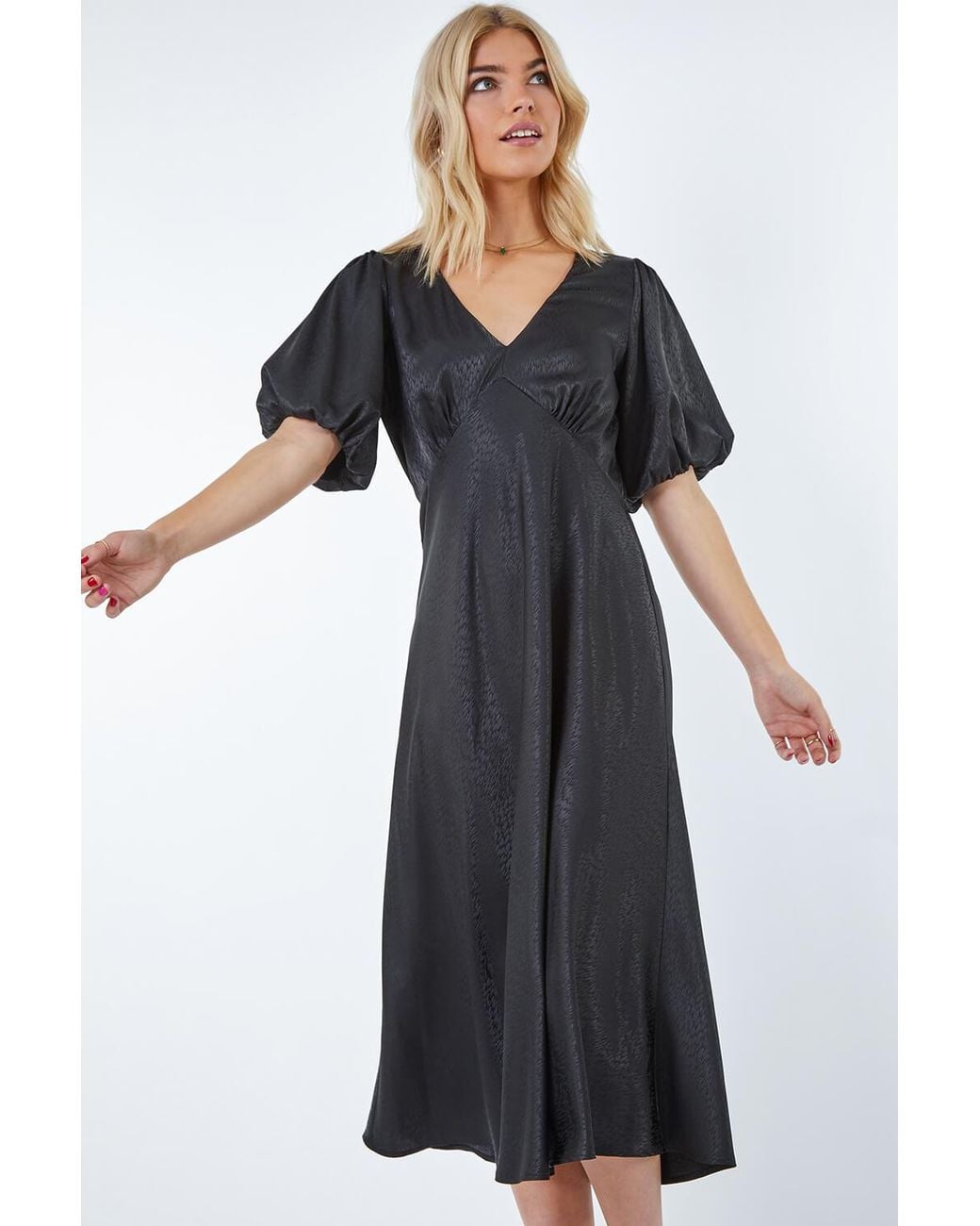D.u.s.k Black Puff Sleeve Satin Midi Dress