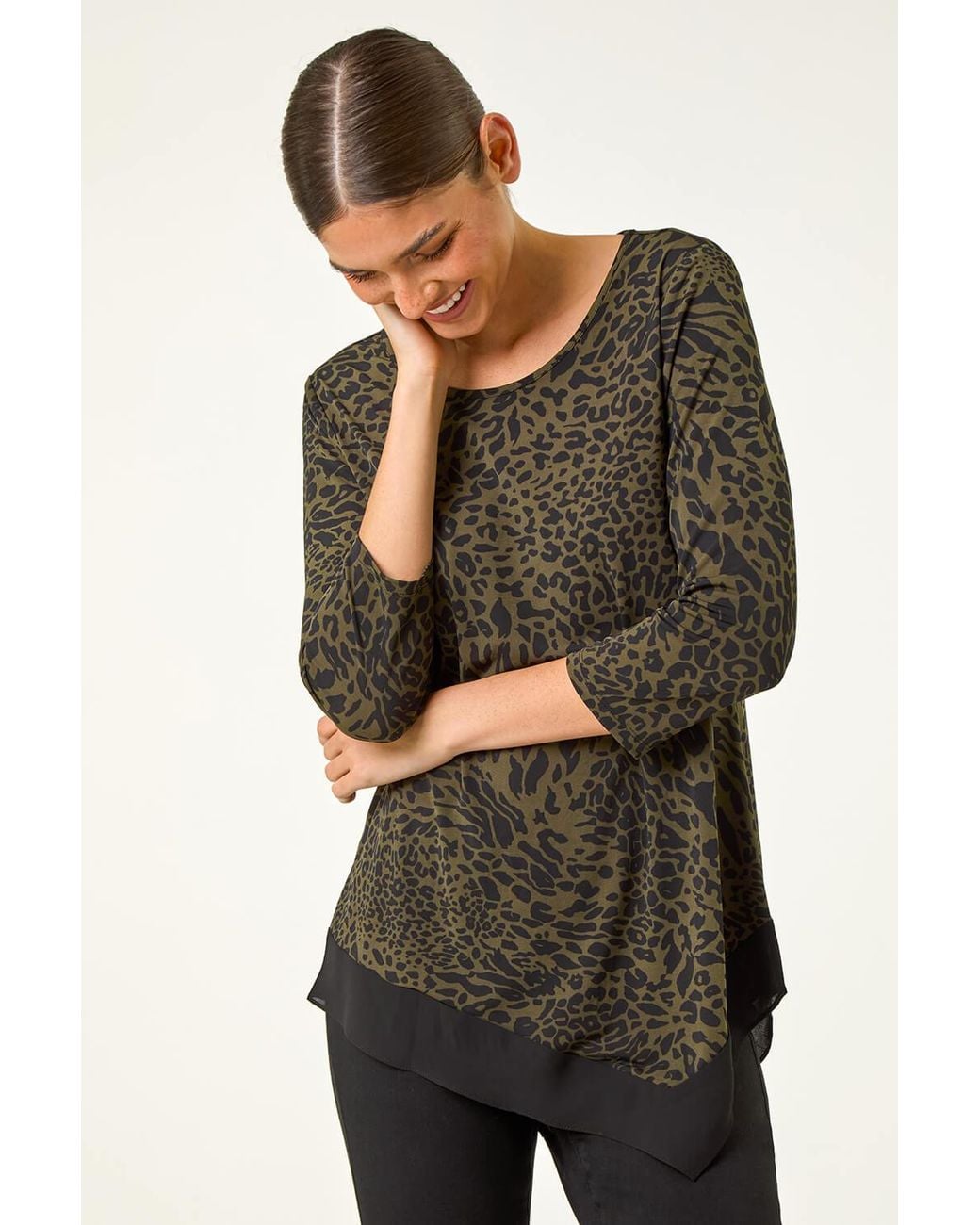 Roman Black Animal Print Chiffon Asymmetric Hem Top