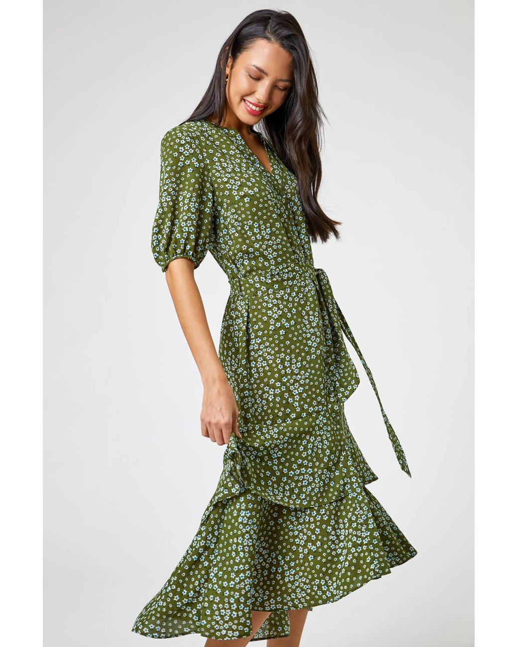 Roman Green Ditsy Floral Frill Hem Midi Dress