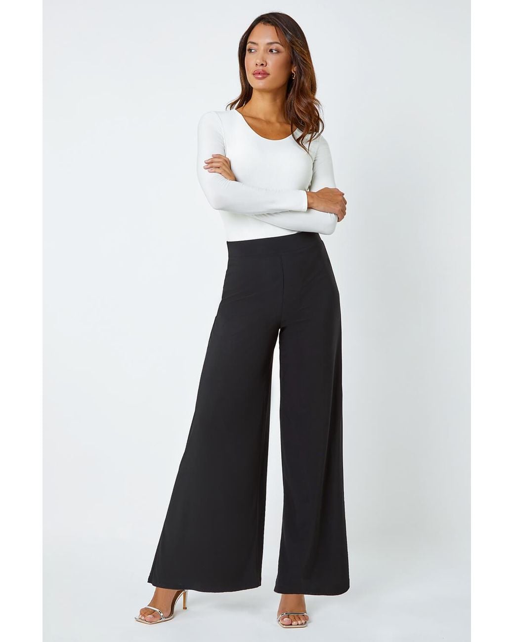 Roman Black Wide Leg High Waisted Stretch Fit Palazzo Trousers