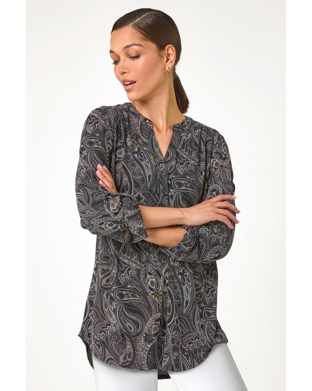 Roman Gray Textured Paisley Print Stretch Blouse
