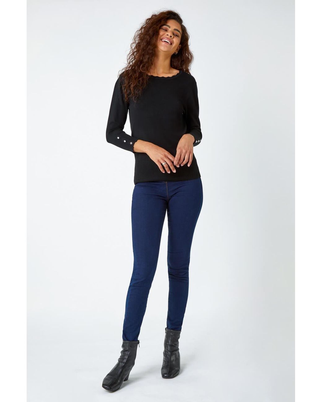 Roman Blue Diamante Button Scallop Edge Jumper