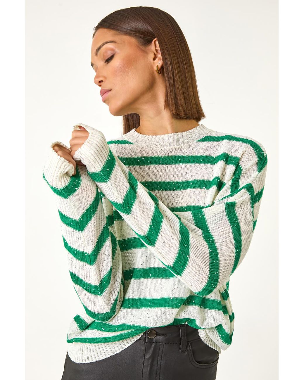 Roman Green Striped Sequin Knit Jumper